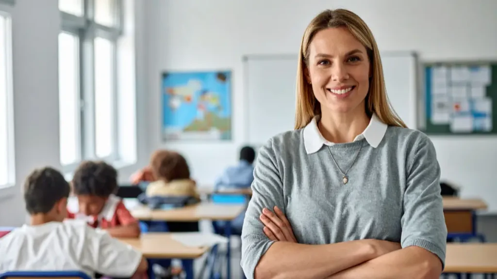 A teacher confidently crosses her arms and smiles while her older students calmly work on their assignments after a brain break.
