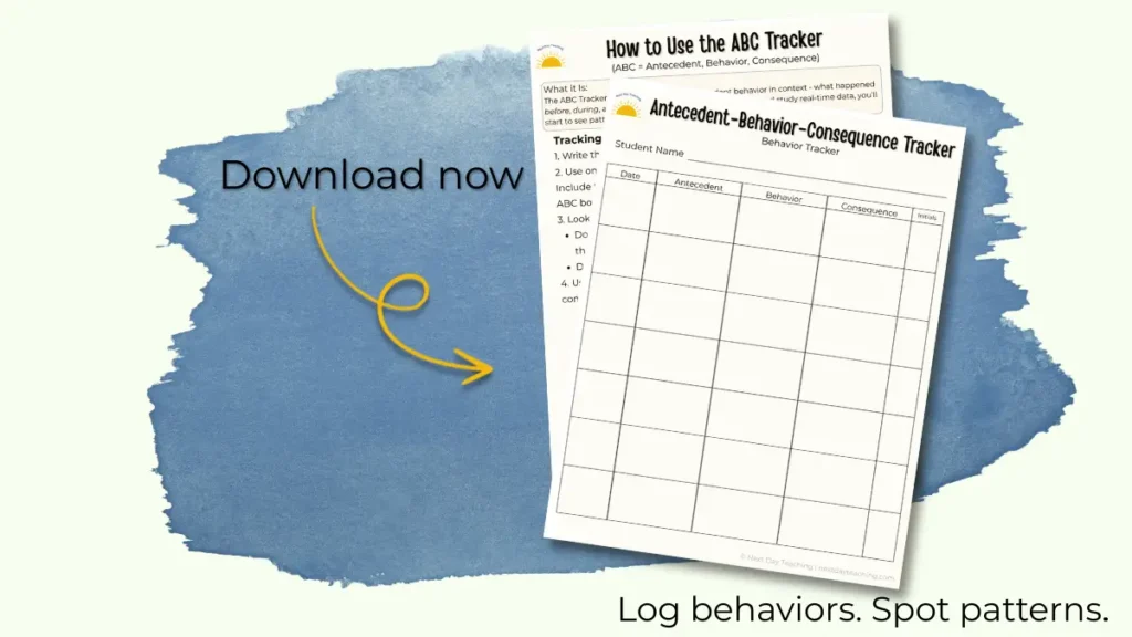 Two pages of an Antecedent-Behavior-Consequence (ABC) Tracker including a tracker and instructions page. Clicking the image opens a new tab for entering an email address in exchange for an ABC tracker and tips for using one.