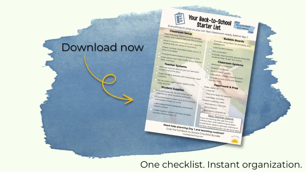 A back-to-school checklist for new teachers to get their rooms set up and procedures in place before students walk through the door on the first day of school. Clicking the image opens a page for entering an email address in exchange for the checklist.