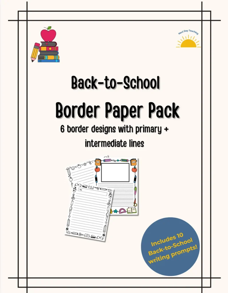 Cover of back-to-school border paper and writing prompt pack. Clicking the image will open the Etsy listing for this product in a new tab.