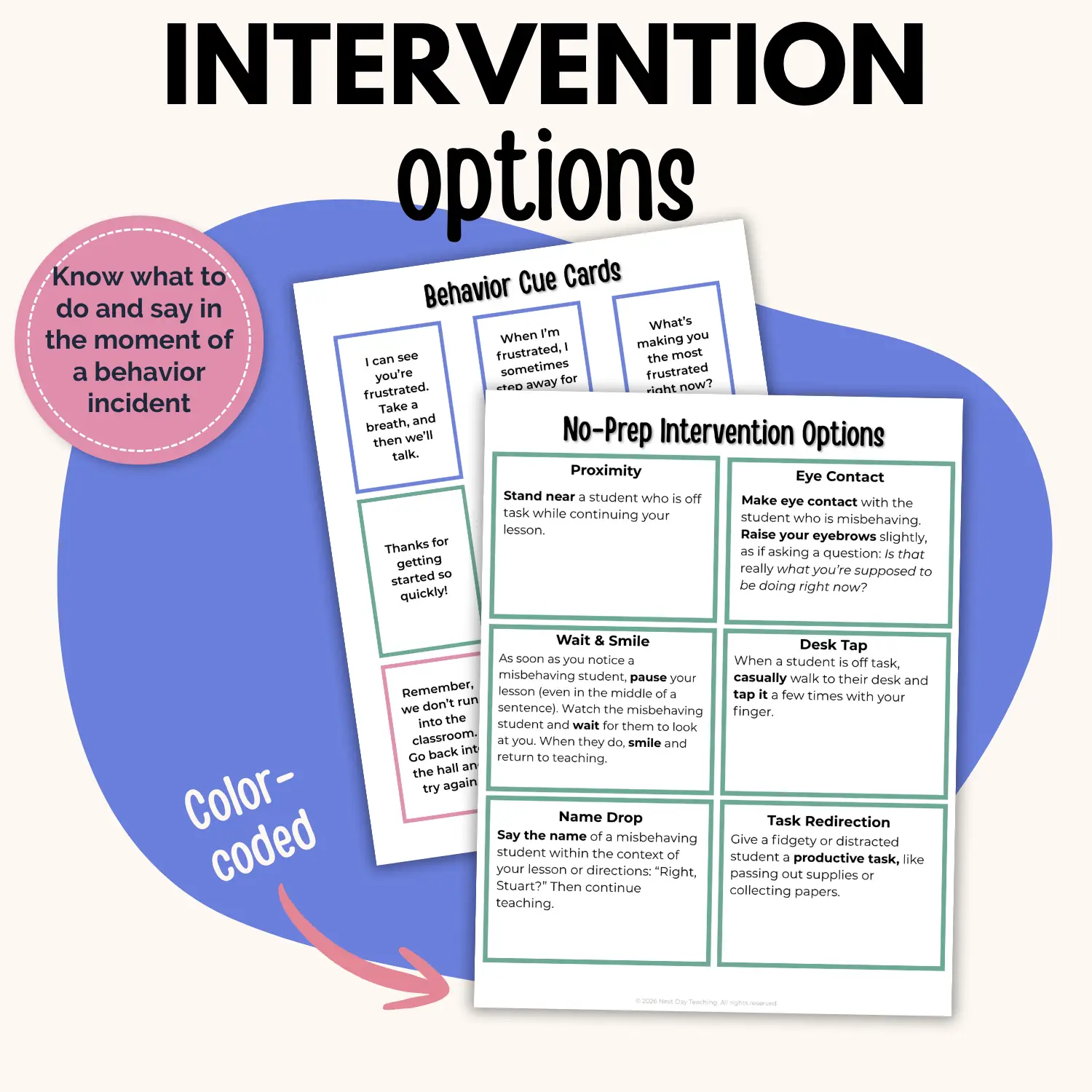 Intervention option pages including behavior cue cards and color coded interventions for individual students and whole-class