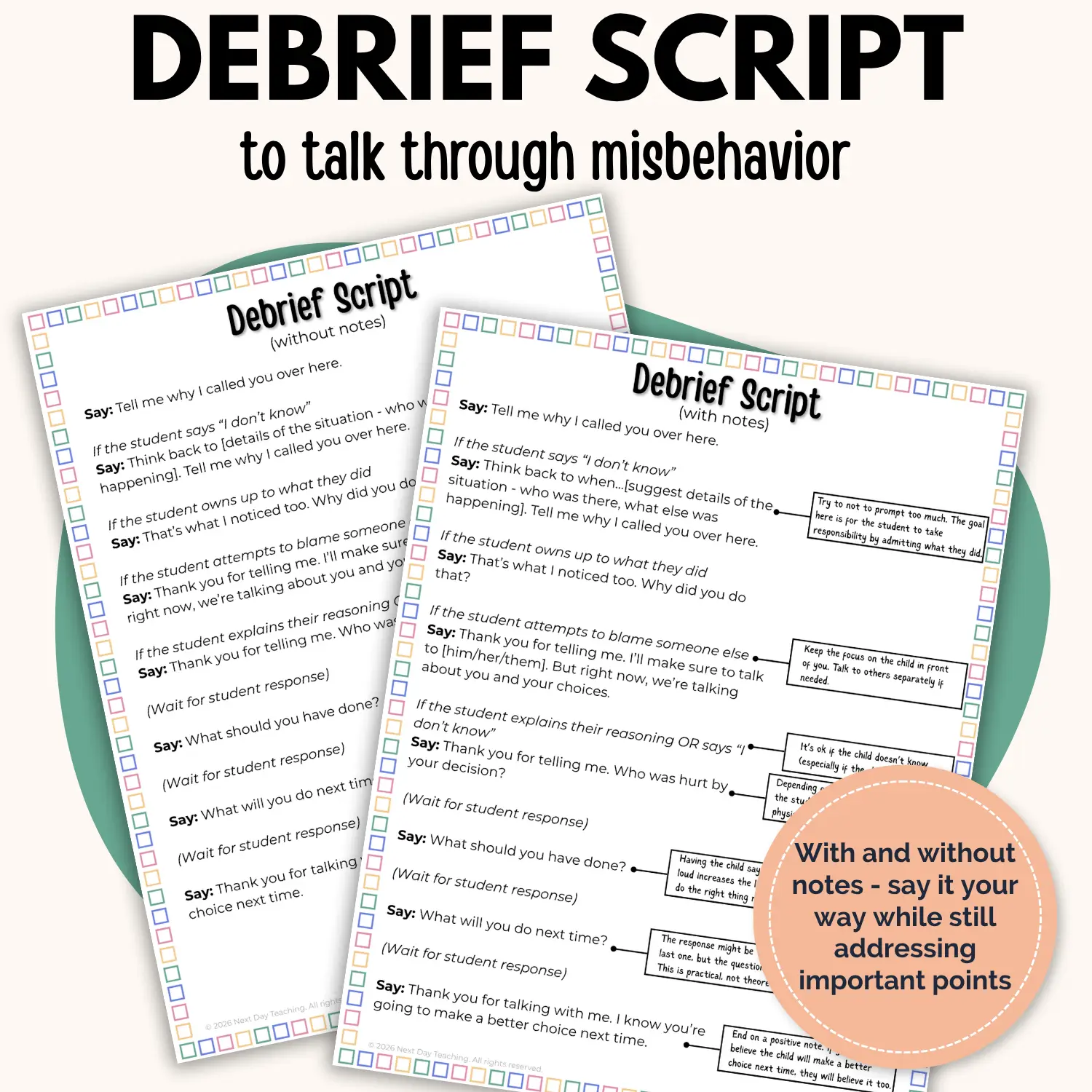 Debrief script pages to talk through student misbehavior included in the behavior intervention toolkit