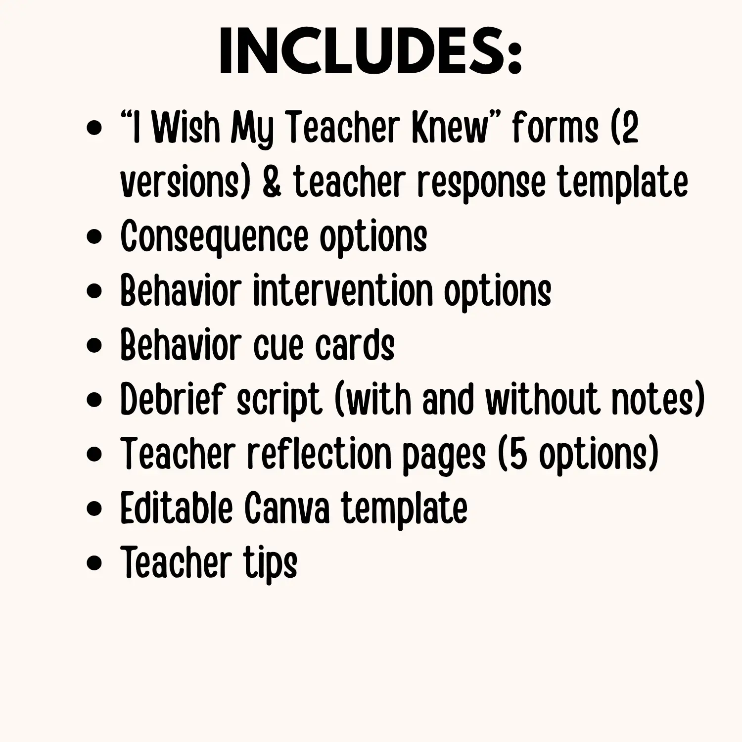 A list of all the items included in the behavior intervention toolkit