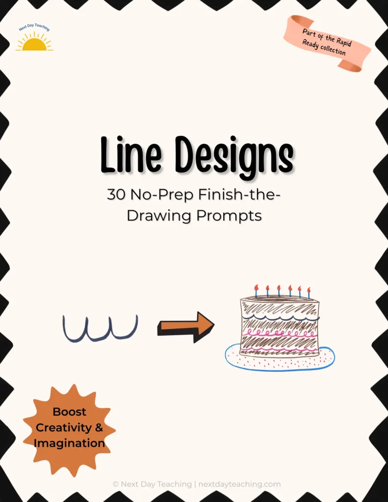 The cover of a no-prep time-filler activity suitable for grades K-8 where students use markers to complete a black squiggle line drawing