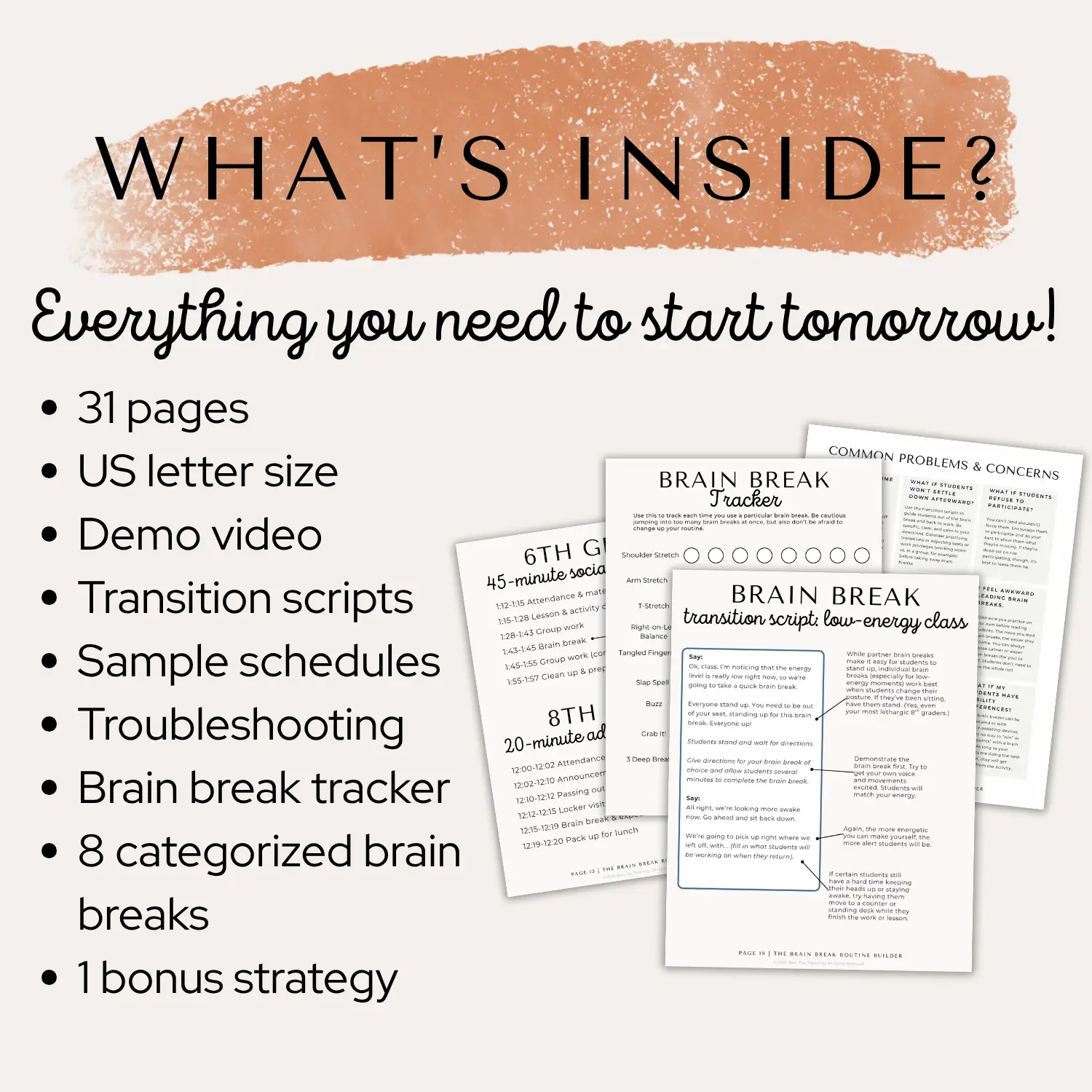 A bullet-point list of the features inside the Brain Breaks Routine Builder beside four sample pages: a transition script, a brain break tracker, a sample schedule that uses brain breaks, and a list of common problems or concerns with using brain breaks in the classroom.