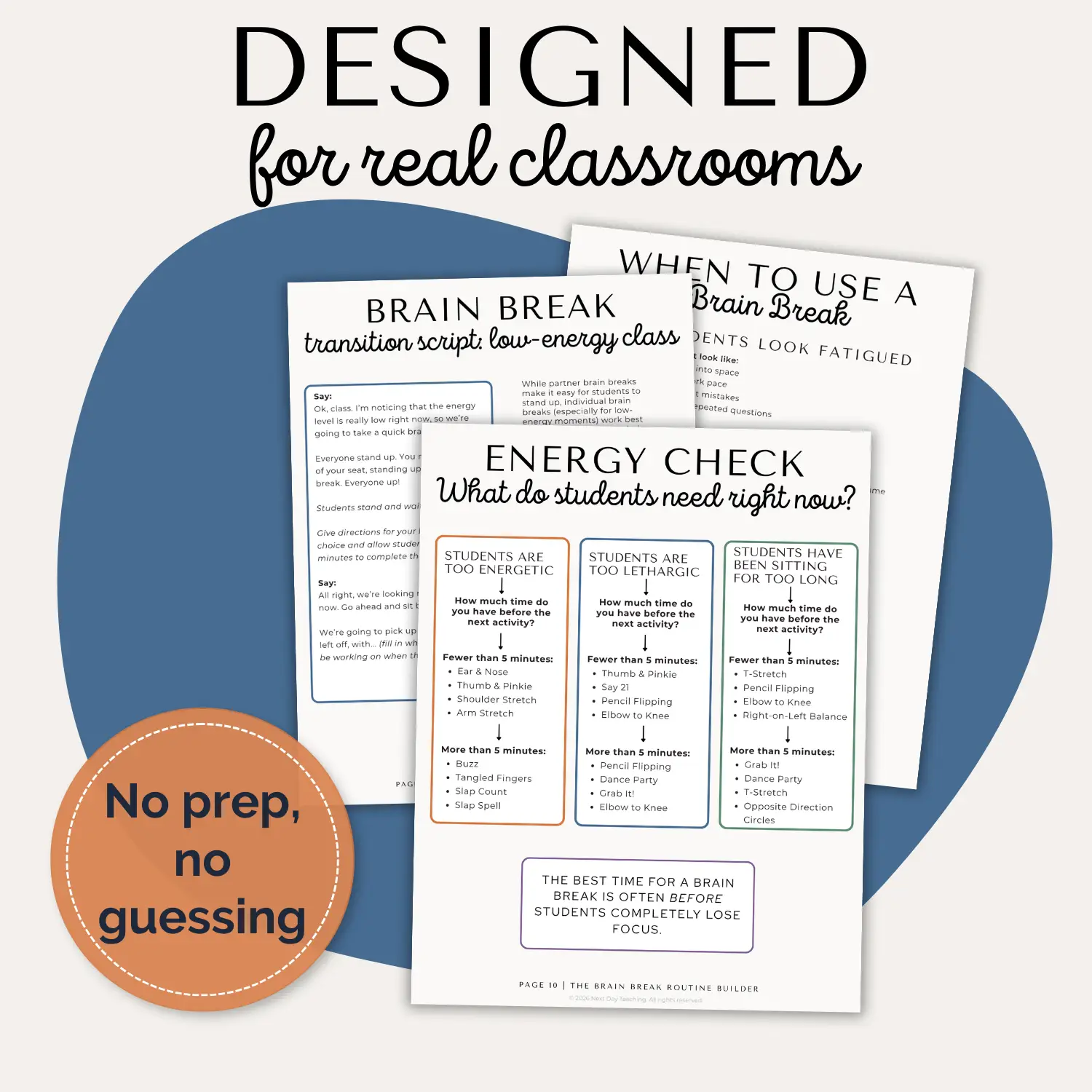 Three pages from the Brain Break Routine Builder with callouts emphasizing that the activities were designed for real classrooms and are intended to be used without prep work or guessing.