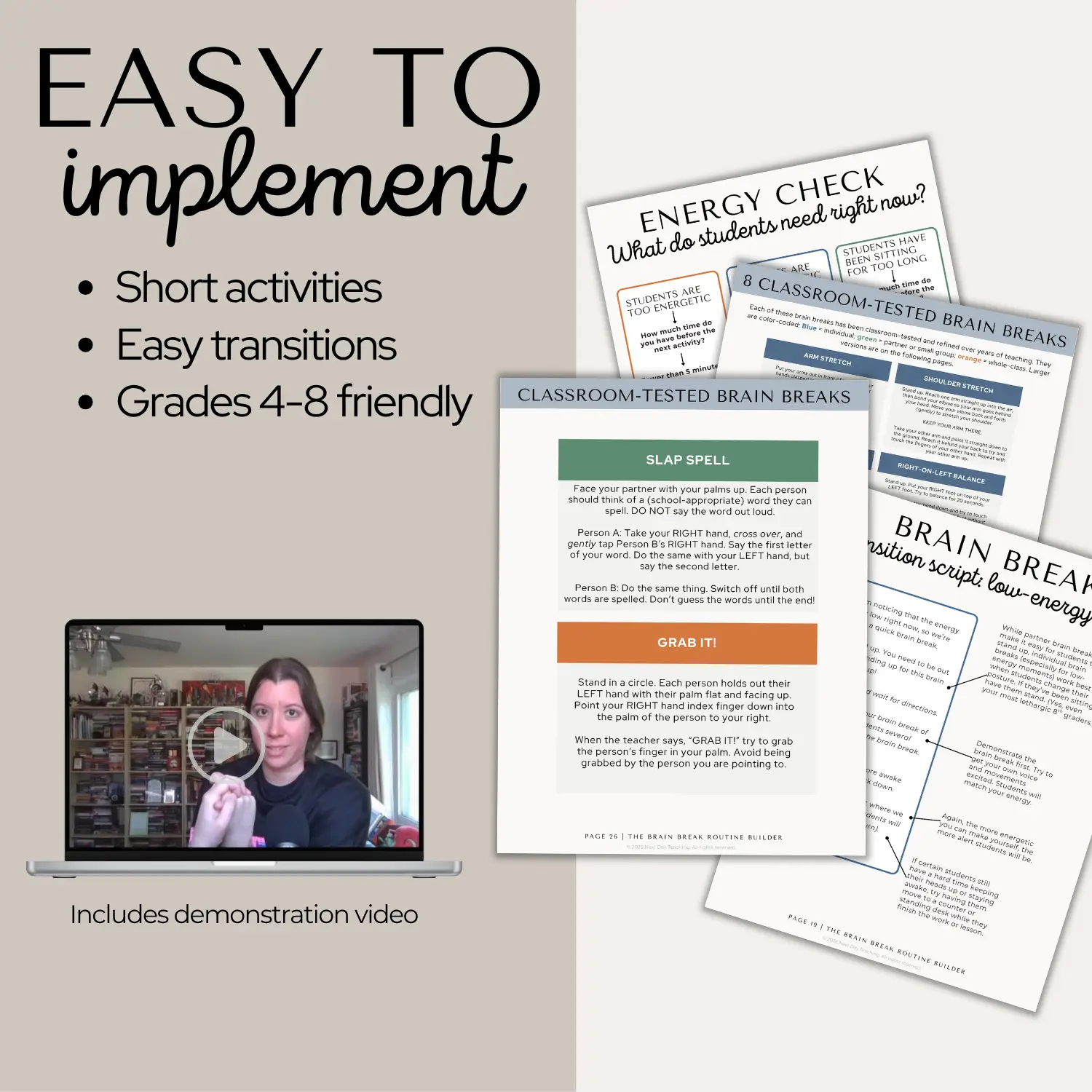 Four pages from the Brain Break Routine Builder beside a laptop mockup with a screenshot from a supplemental demonstration video that is also included.