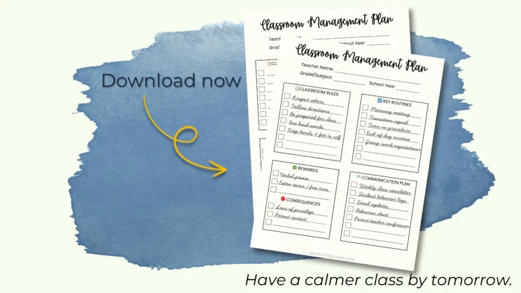 A classroom management plan template and example with the words "download now." Clicking the image opens a page for entering an email address in exchange for a classroom management plan template.