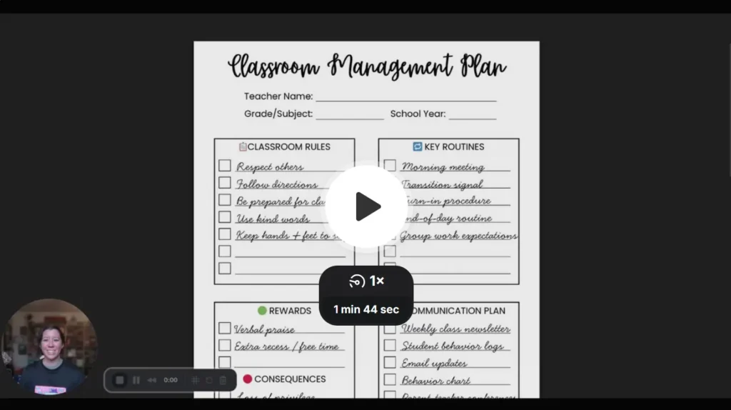 A screenshot of the classroom management plan explainer video, where Tori walks teachers through how to set up and use a classroom management plan