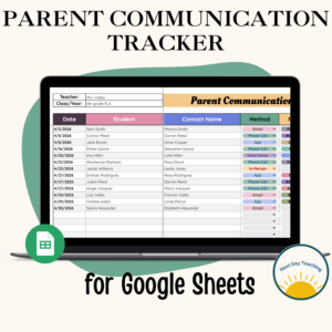 A sample mockup of a partially completed spreadsheet from the parent communication tracker for teachers