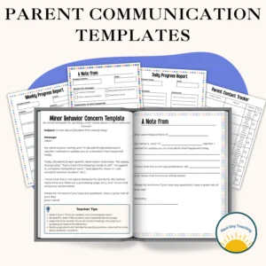 A spread of pages included in the parent communication template set for teachers