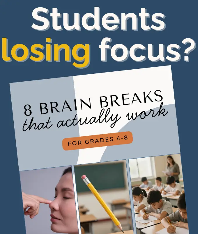 The cover of a free set of 8 classroom-tested brain breaks for grades 4-8