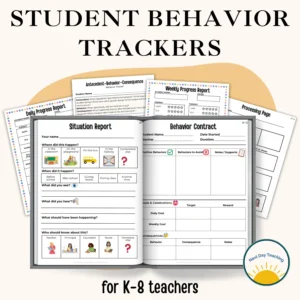 A spread of pages included in the student behavior tracker set for teachers