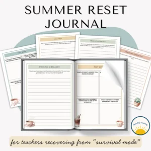Scattered pages from a teacher reflection journal to help teachers reset and recover during the summer