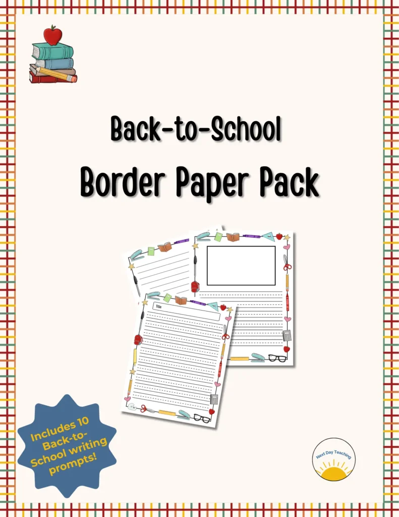 The cover of a set of border papers with a school theme. Some sample papers are shown on the cover with primary lines and intermediate lines, showcasing the product's flexibility and range of age appropriateness.