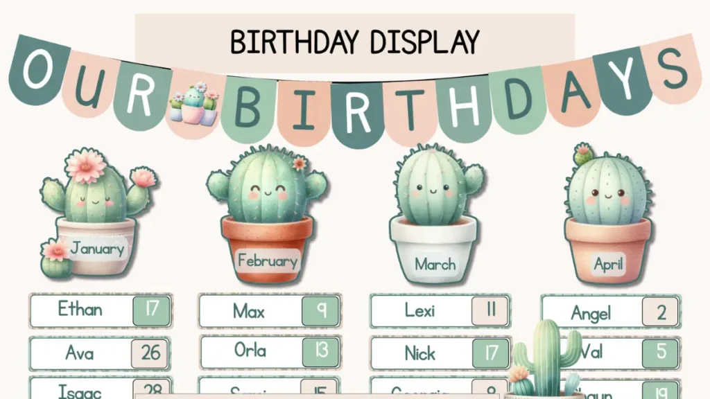 A bulletin board display of birthdays in a calm cactus theme for boho or neutral classrooms