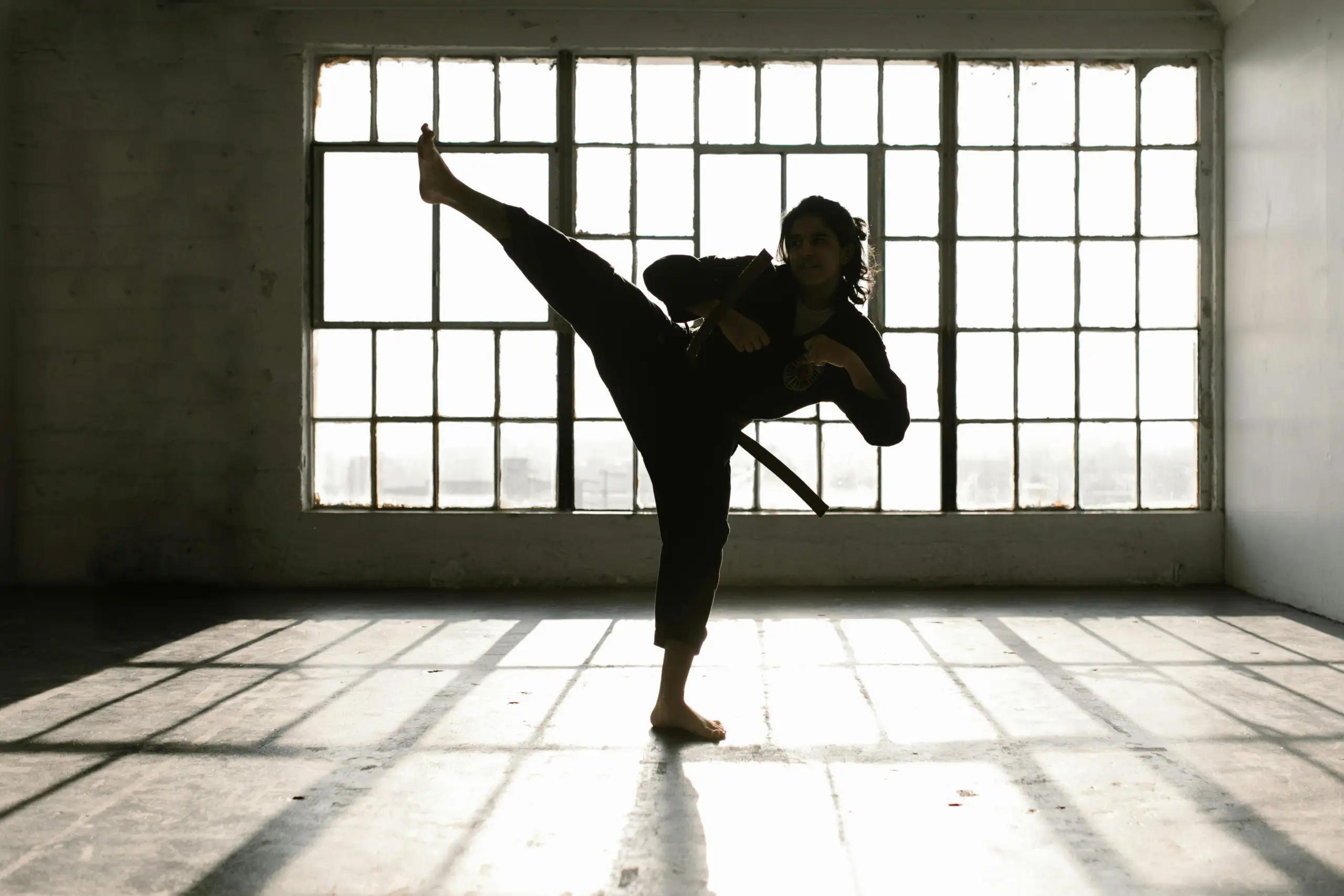 A martial artist performs a high side kick, representing Tori's black belt mindset