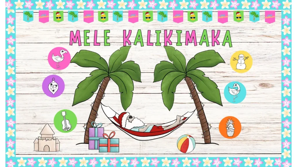 A tropical Christmas bulletin board set for summer school or December