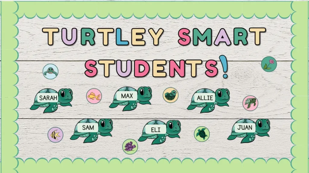 A yearlong bulletin board display featuring turtles and bright colored letters for classrooms