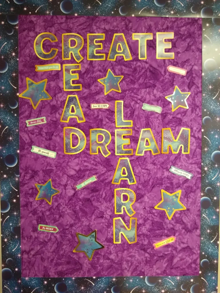 A back to school bulletin board with fabric backing