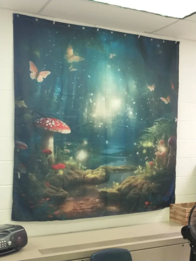 An enchanted forest themed shower curtain acting as a tapestry on a classroom wall