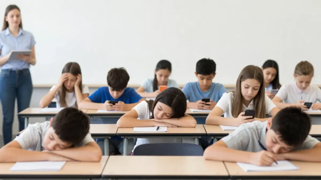 An AI-generated image of disengaged older students in a classroom with heads down sleeping or not paying attention. Others are on their phones, showing common behavior in modern classrooms.