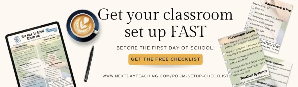 A banner showcasing a free back-to-school classroom setup checklist ideal for new teachers