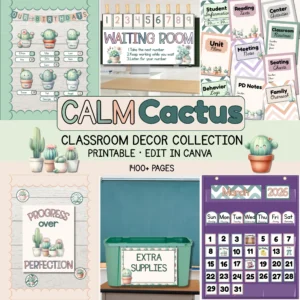 Several items inside the calm cactus classroom decor line for upper elementary or middle school classrooms