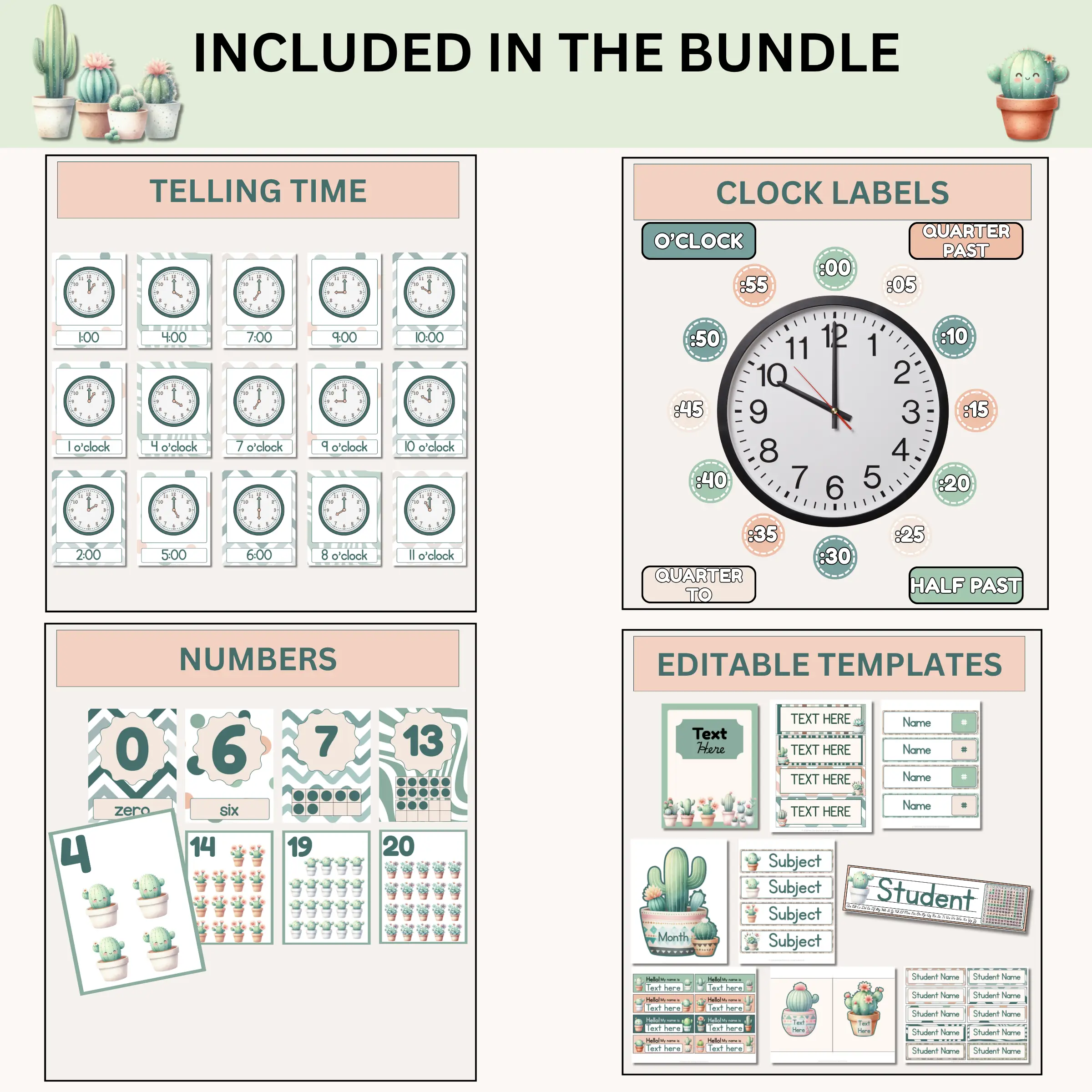 Samples of telling time, clock labels, numbers, and editable templates included in the calm cactus classroom decor bundle