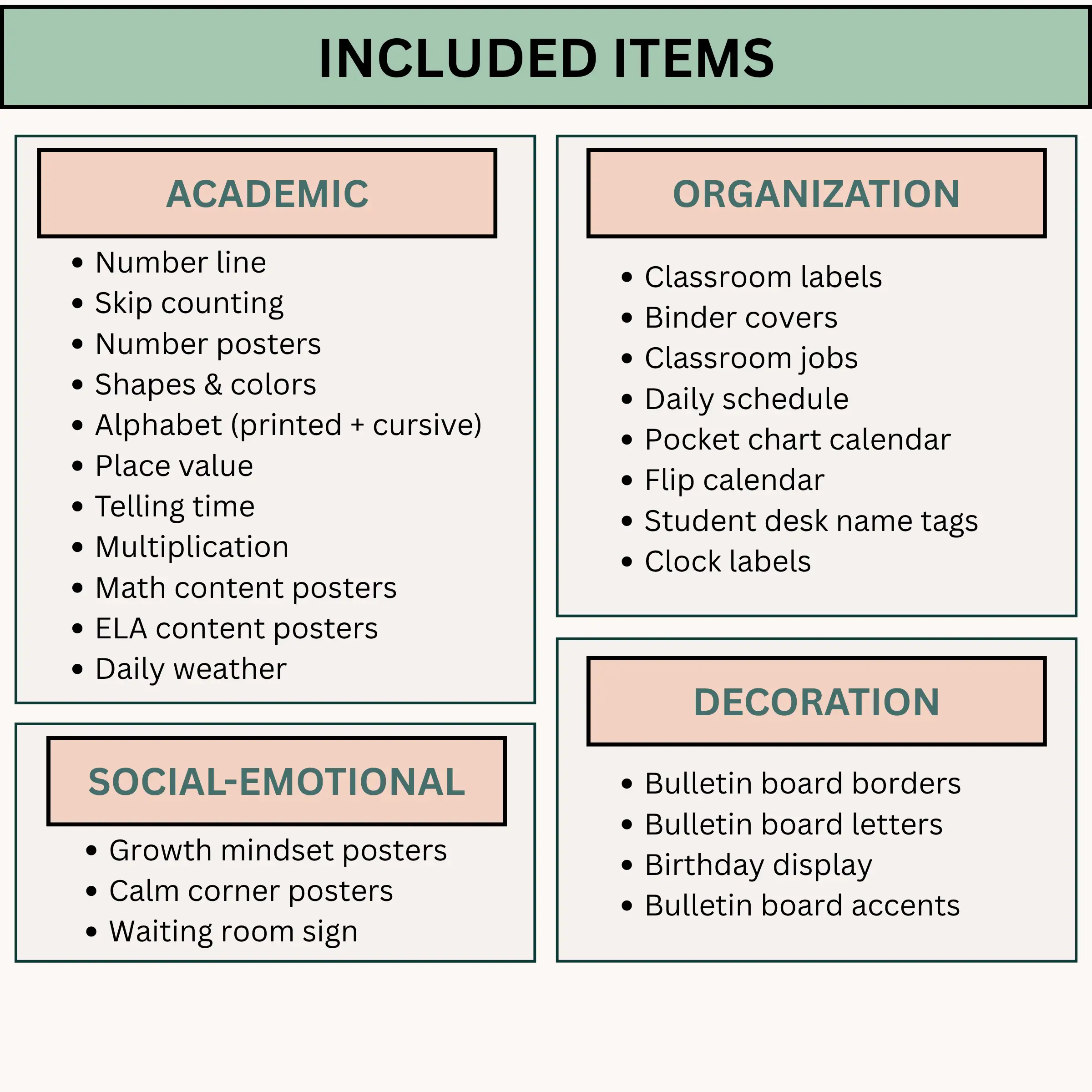 A list of included items in the calm cactus classroom decor bundle including academic, organization, social-emotional, and decorative elements