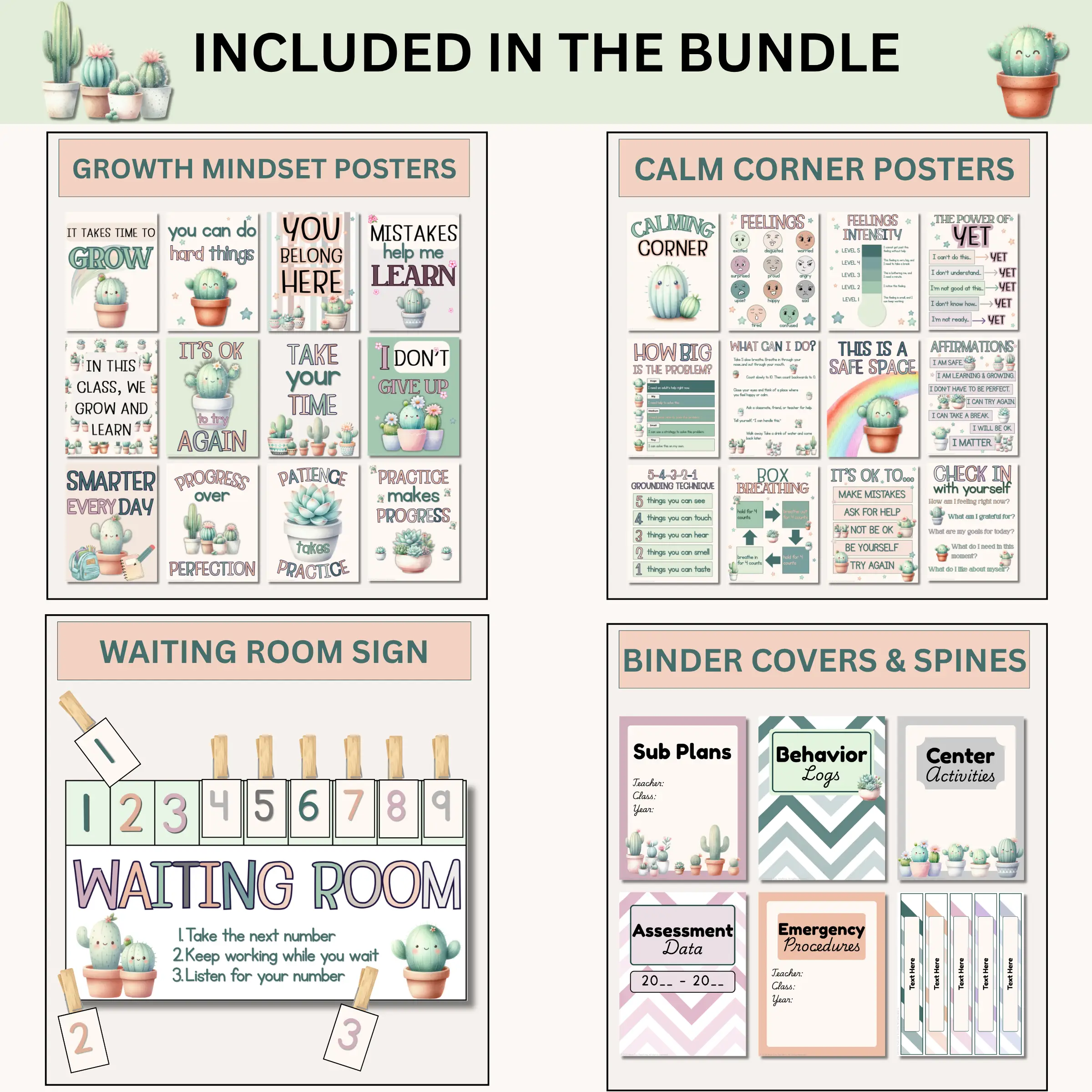 Samples of growth mindset posters, calm corner posters, a waiting room sign, and binder covers and spines included in the calm cactus classroom decor bundle