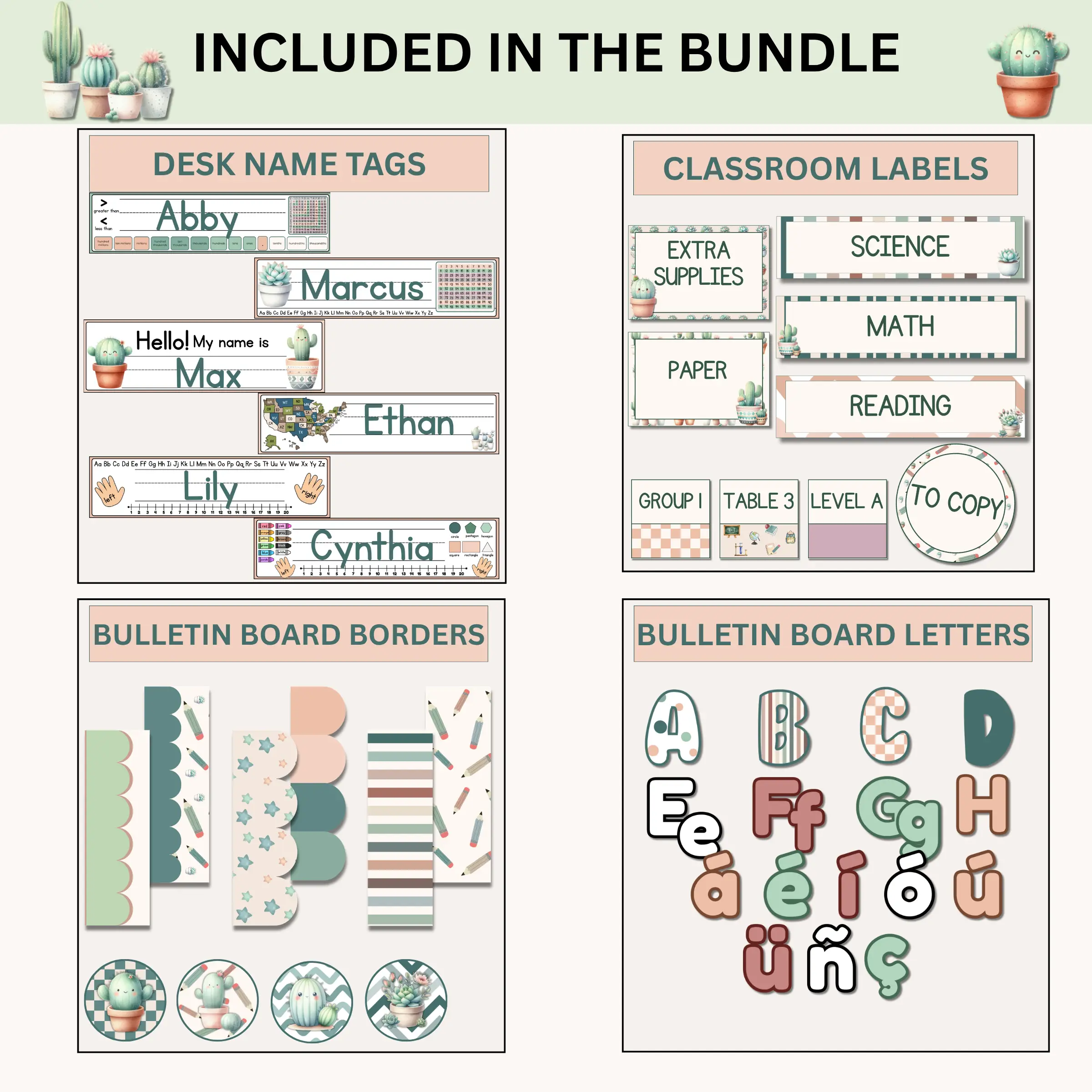 Samples of desk name tags, classroom labels, bulletin board borders, and bulletin board letters included in the calm cactus classroom decor bundle