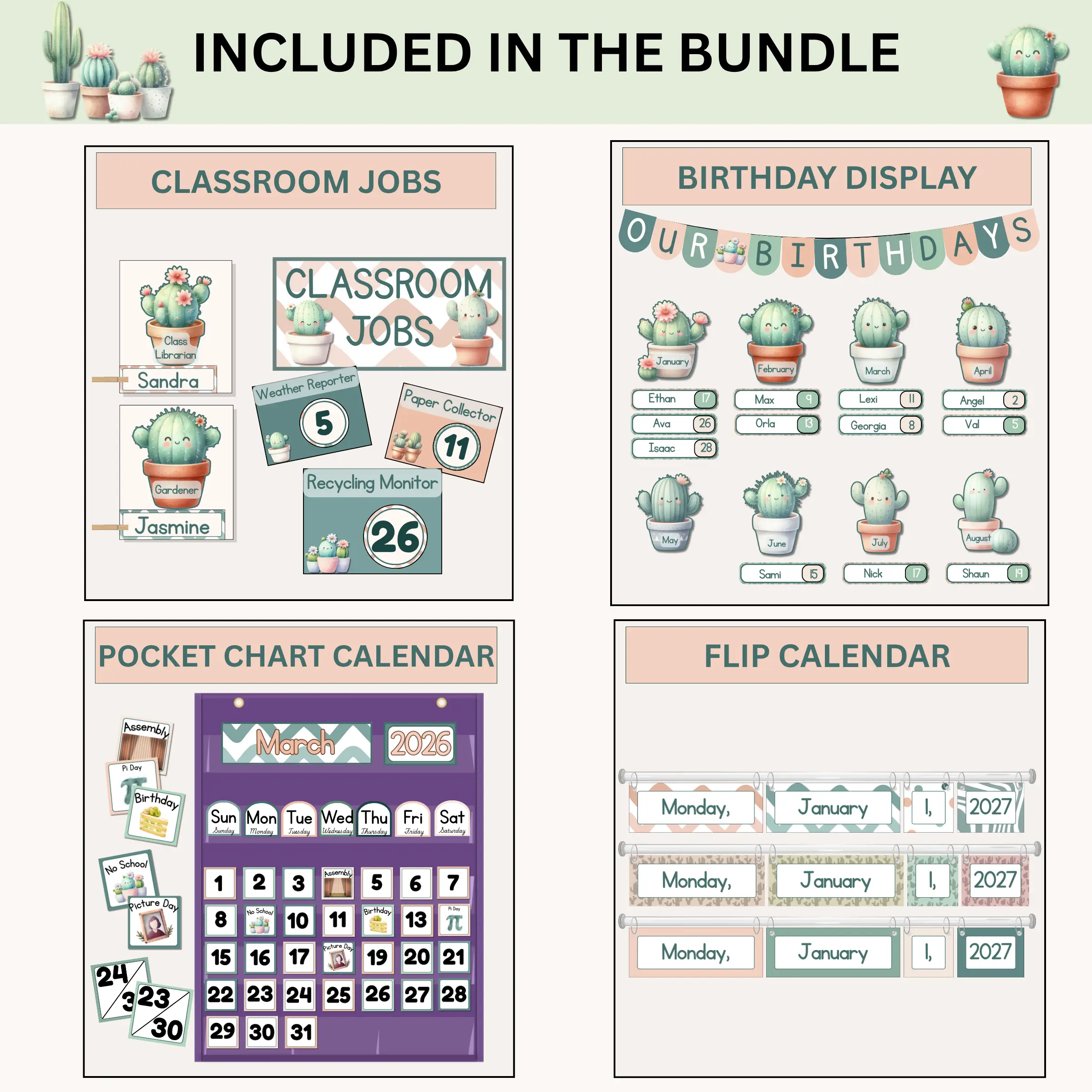 Samples of classroom jobs, a birthday display, a pocket chart calendar, and a flip calendar included in the calm cactus classroom decor bundle
