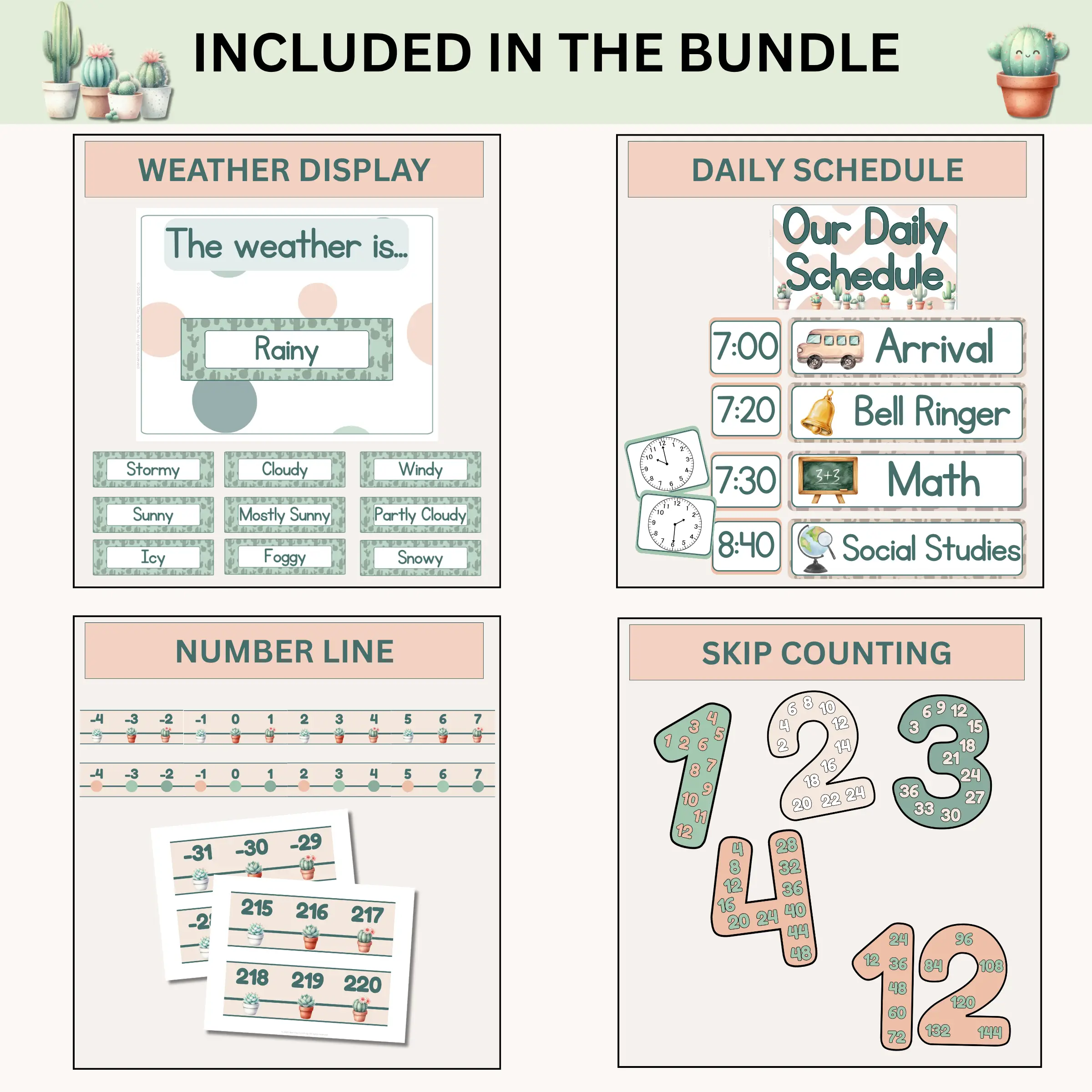 Samples of weather display, daily schedule, number line, and skip counting posters included in the calm cactus classroom decor bundle