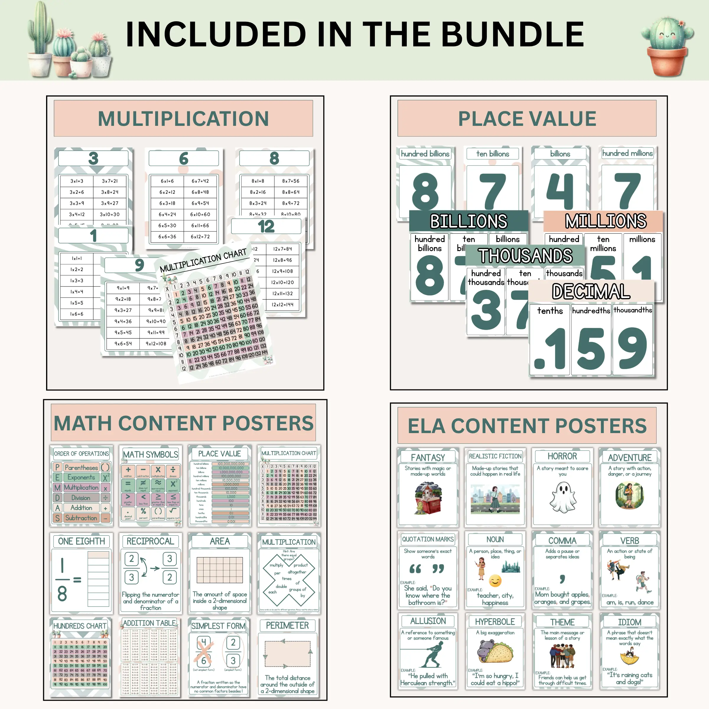 Samples of multiplication, place value, math content, and ELA content posters included in the calm cactus classroom decor bundle