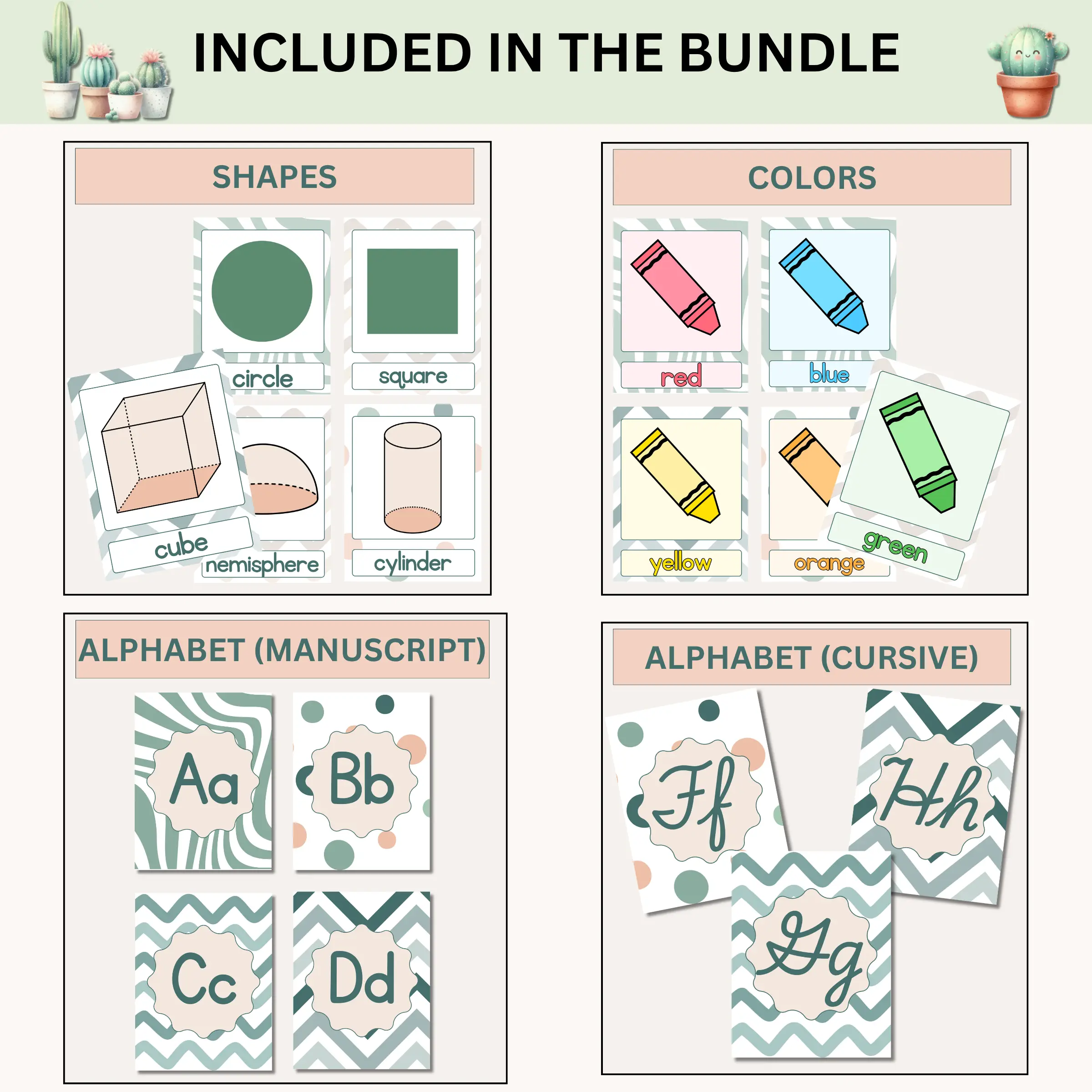 Samples of shapes, colors, manuscript, and cursive alphabet posters included in the calm cactus classroom decor bundle