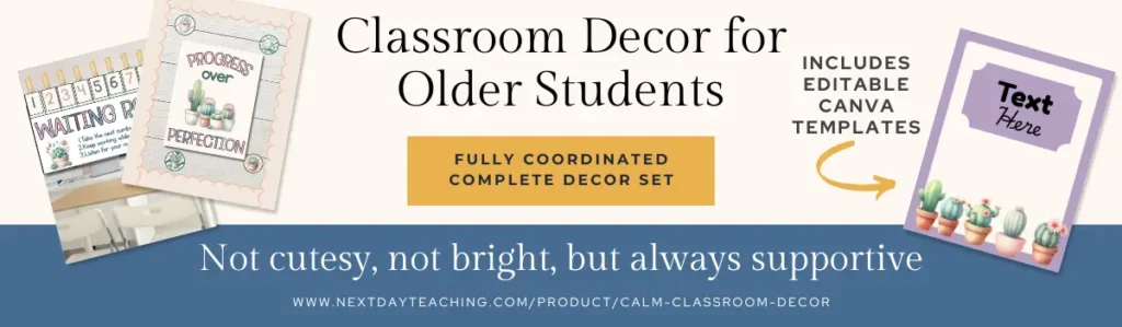 A banner showcasing some elements of a calm cactus classroom decor theme for older students
