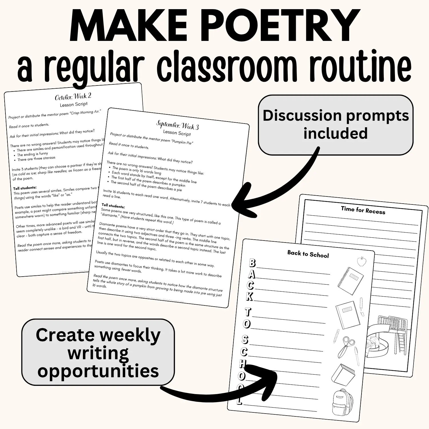 Sample pages for teaching poetry lesson plans for grades 3-8 including lesson scripts with discussion prompts and weekly writing opportunities