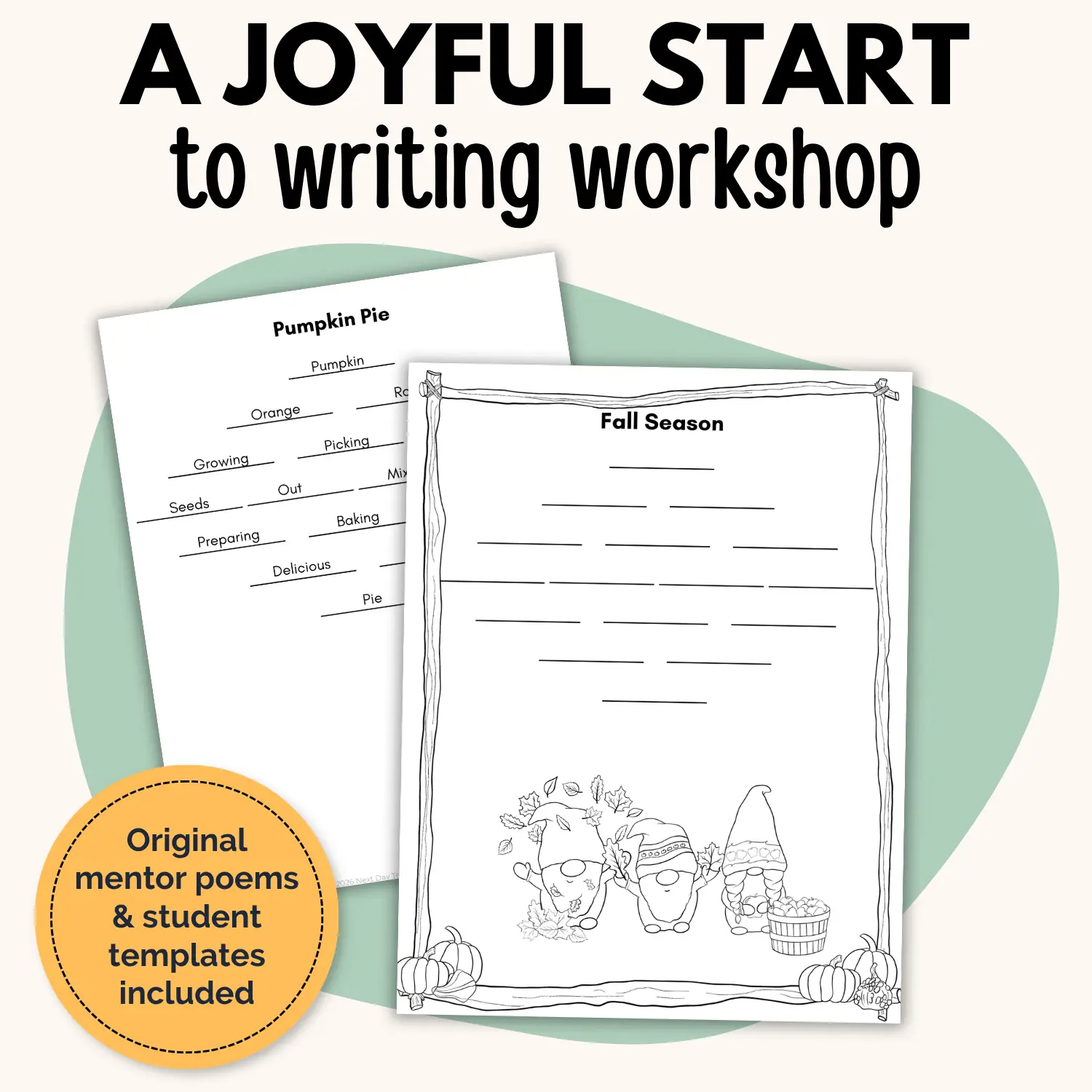Sample pages for teaching poetry lesson plans for grades 3-8 including an original mentor poem and a student writing template