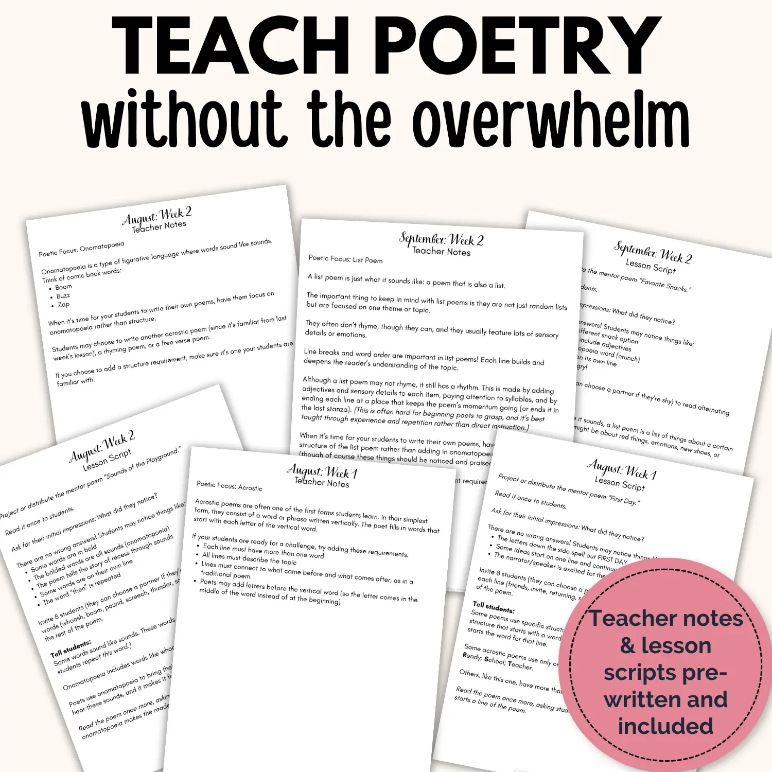 A spread of pages for teaching poetry lesson plans for grades 3-8 including teacher notes and lesson scripts
