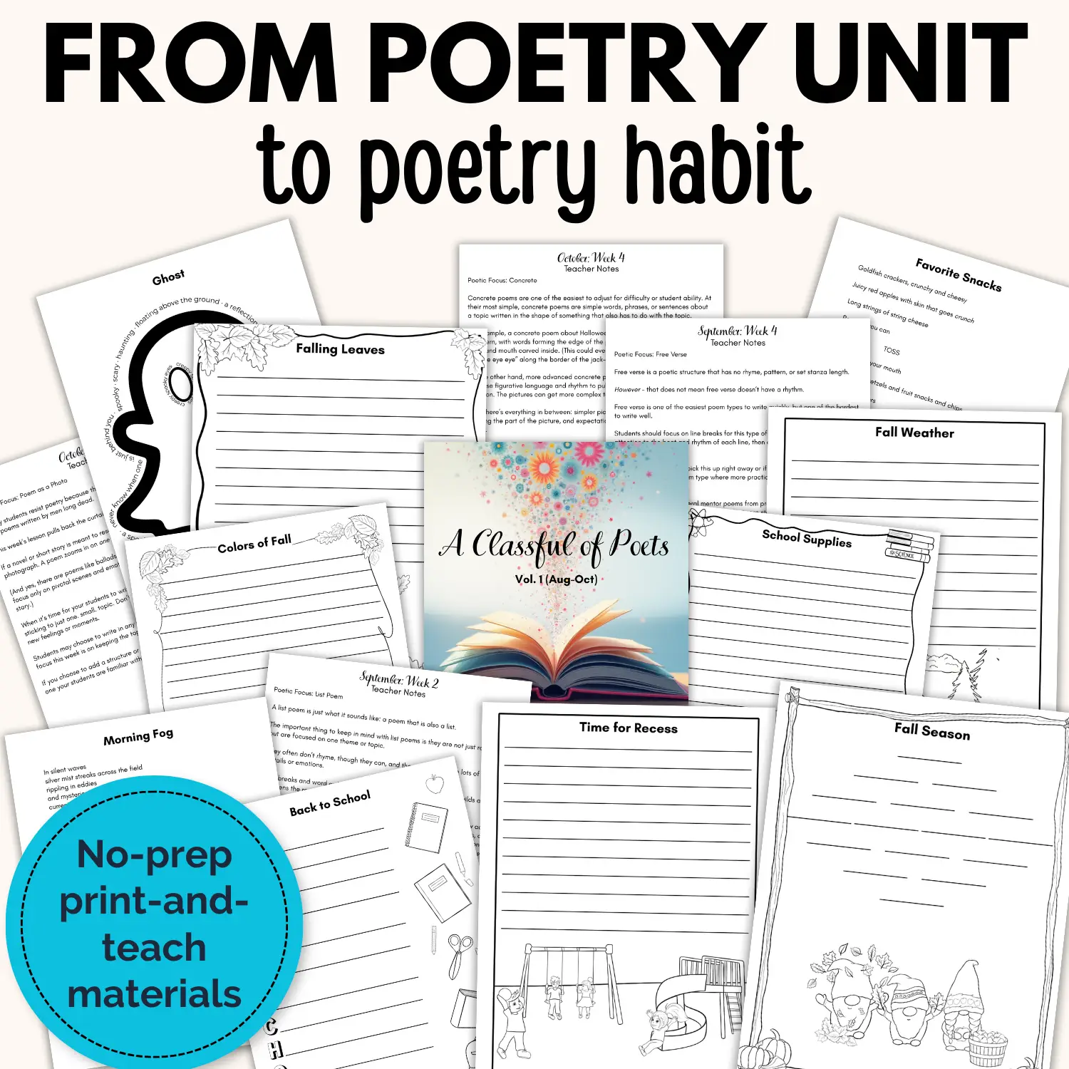 A spread of pages included in A Classful of Poets volume 1 including original mentor poems, student writing templates, teacher notes, and lesson scripts