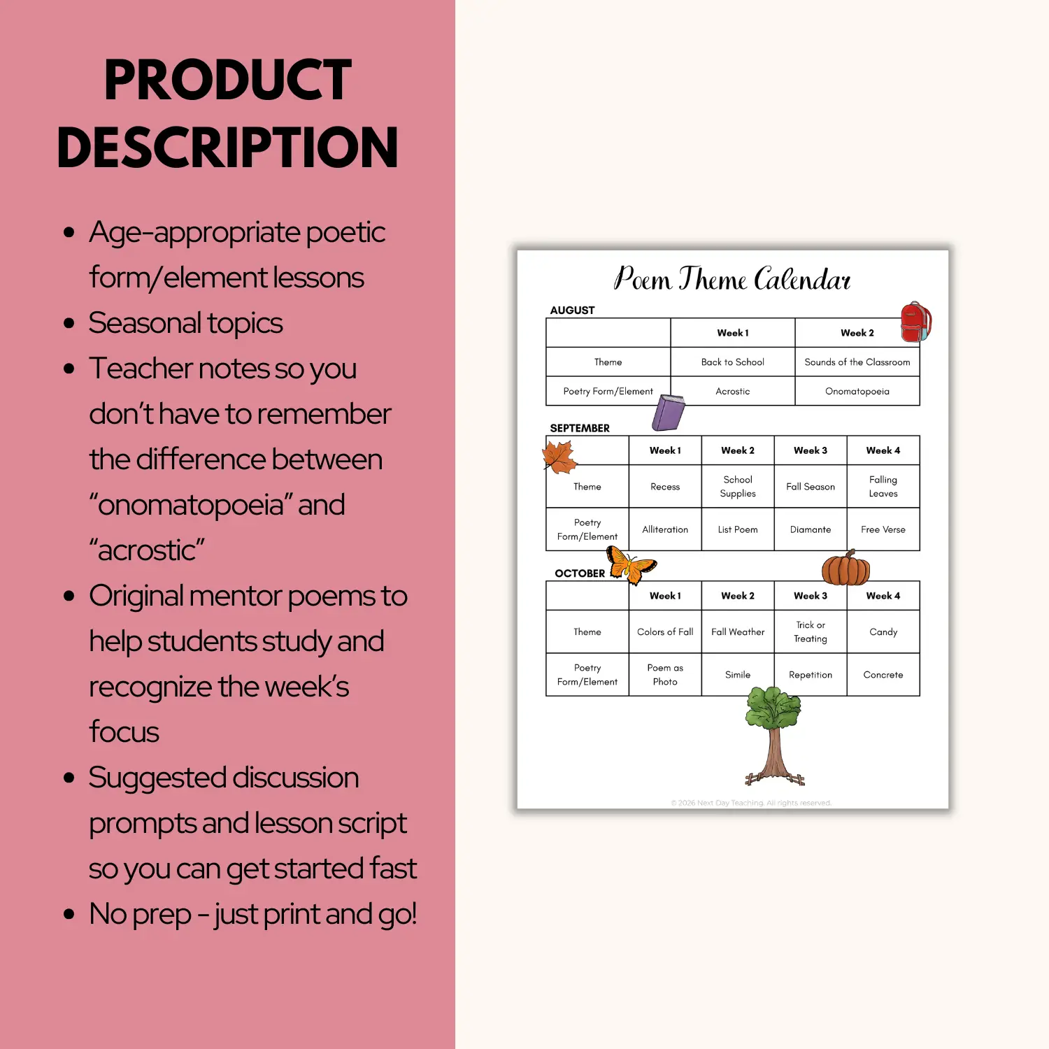 A calendar for teaching poetry lessons to grades 3-8 from August through October