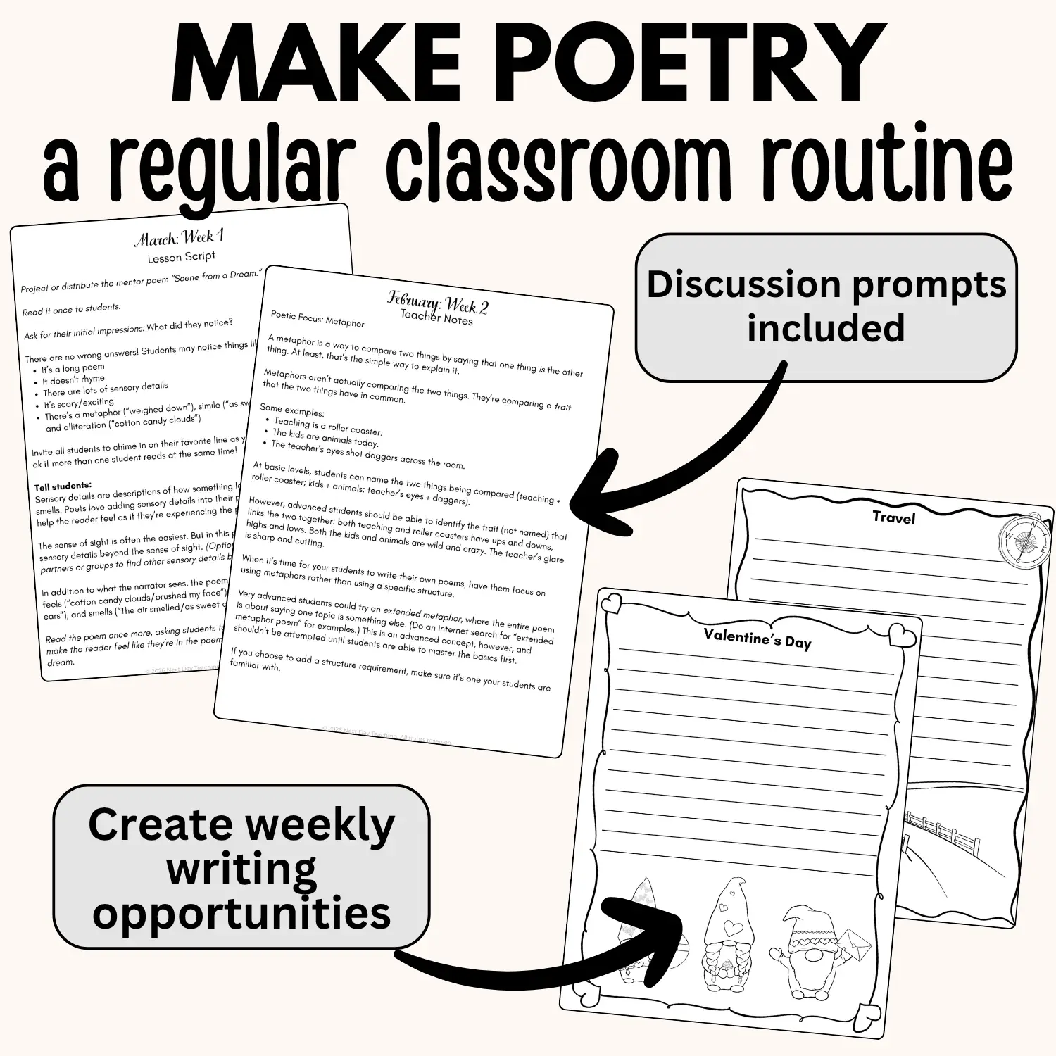 Sample pages for teaching creative poetry writing lessons including discussion prompts and weekly writing opportunities