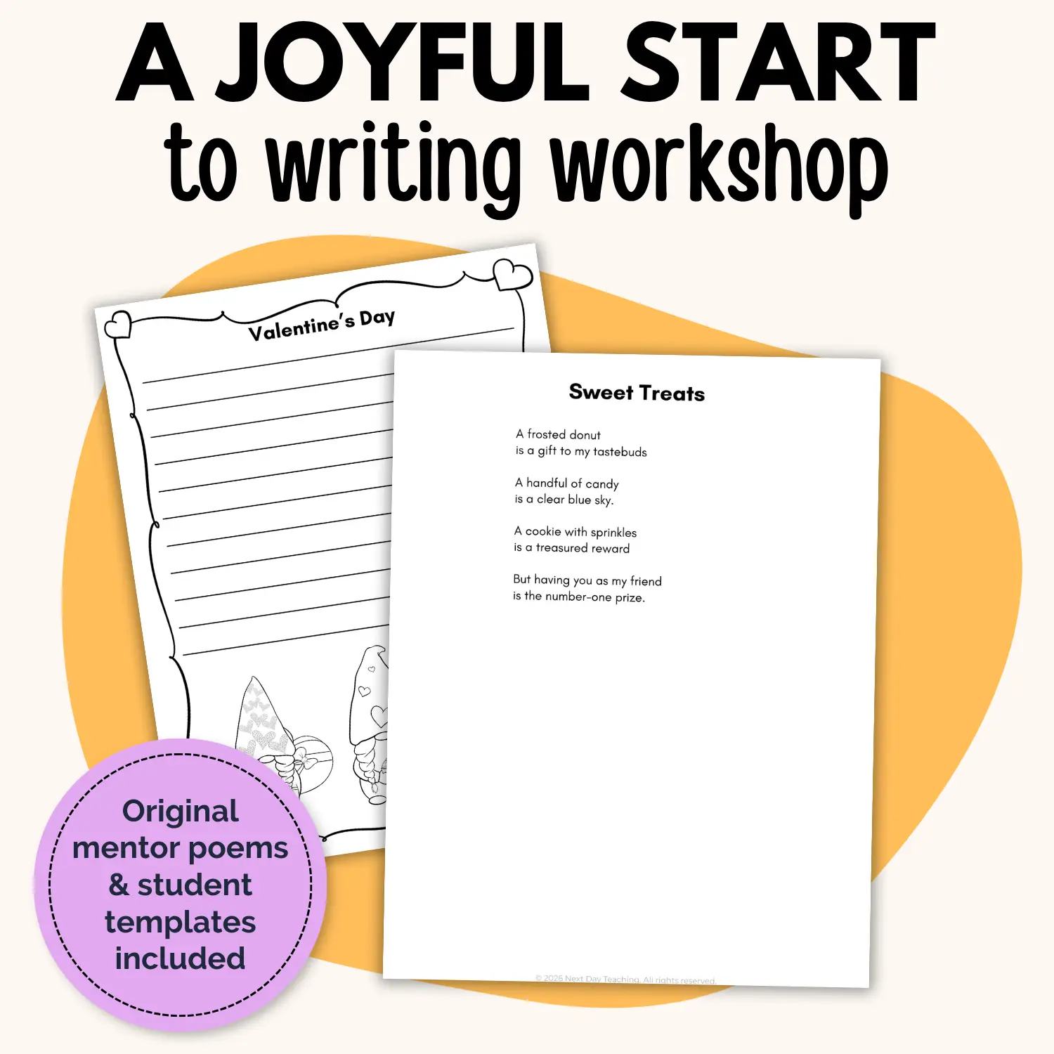 Sample pages from A Classful of Poets volume 3 including an original mentor poem and a template for student writing