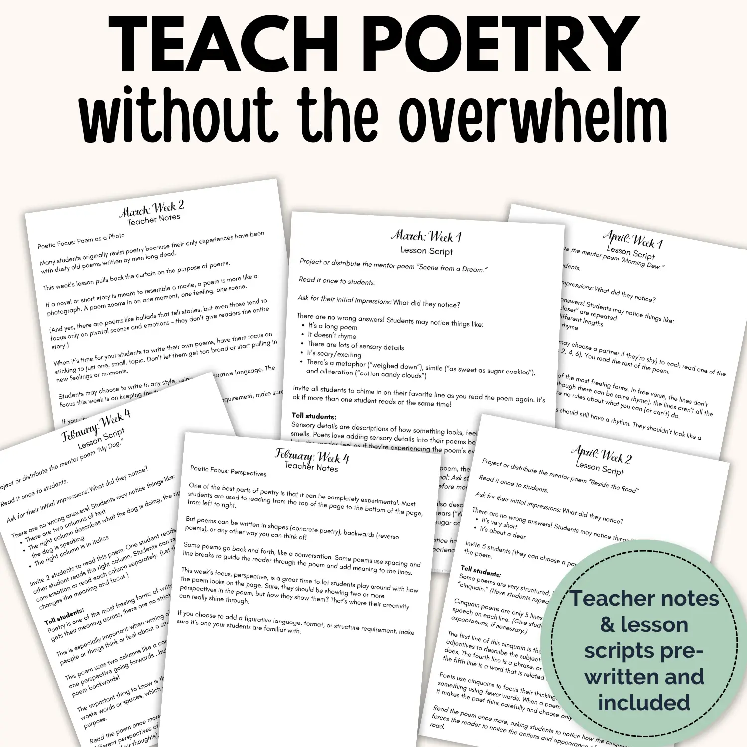 A spread of pages for teaching creative poetry writing lessons including lesson scripts and teacher notes