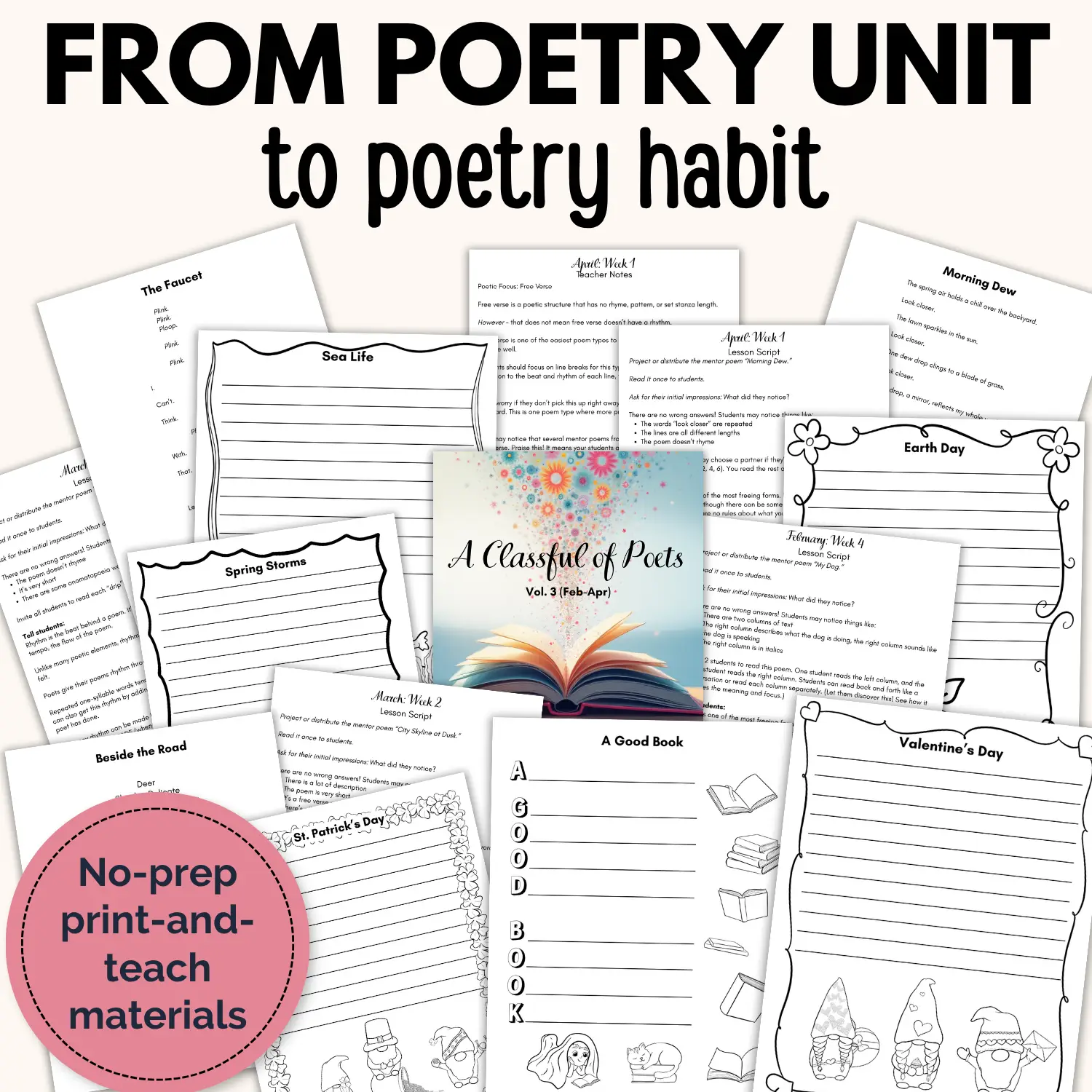 A spread of pages included in A Classful of Poets volume 3 including student templates, original mentor poems, lesson scripts, and teacher notes