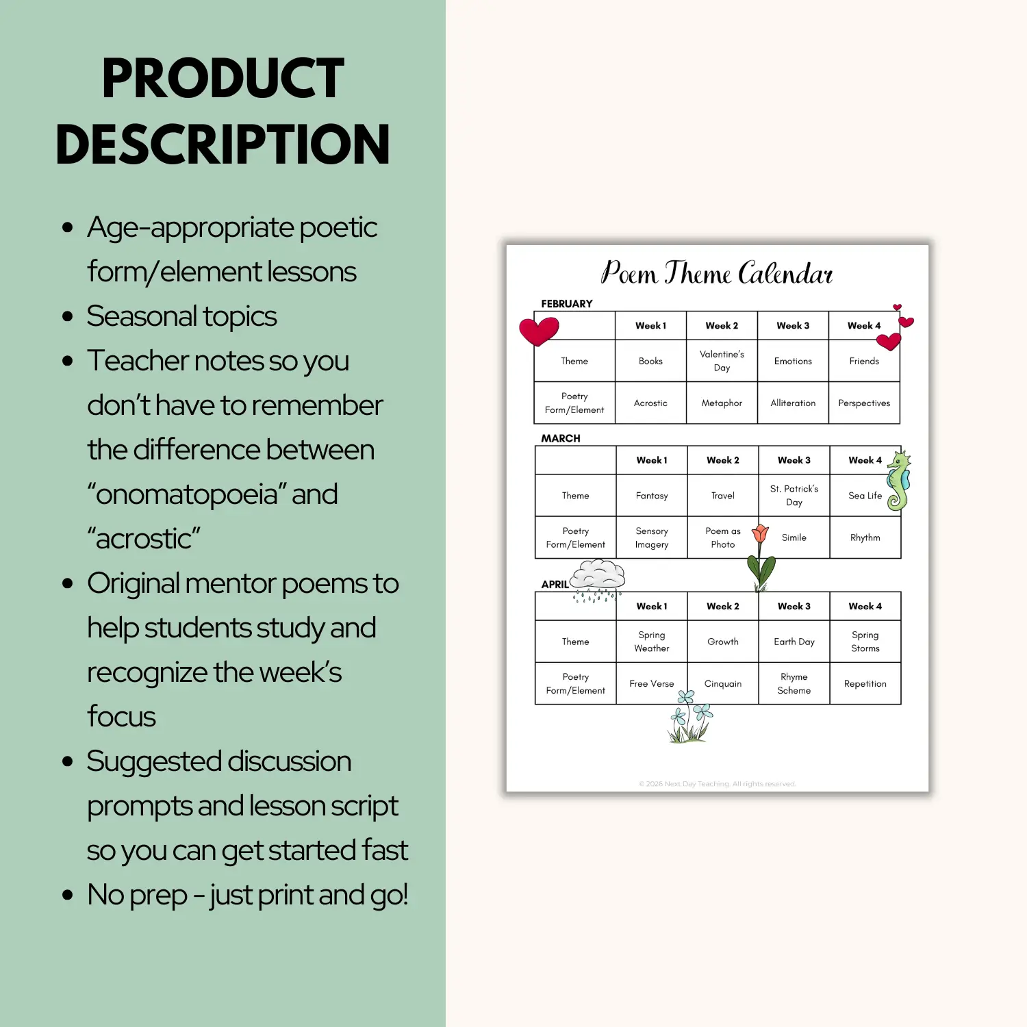 A calendar for teaching creative poetry writing lessons from February through April