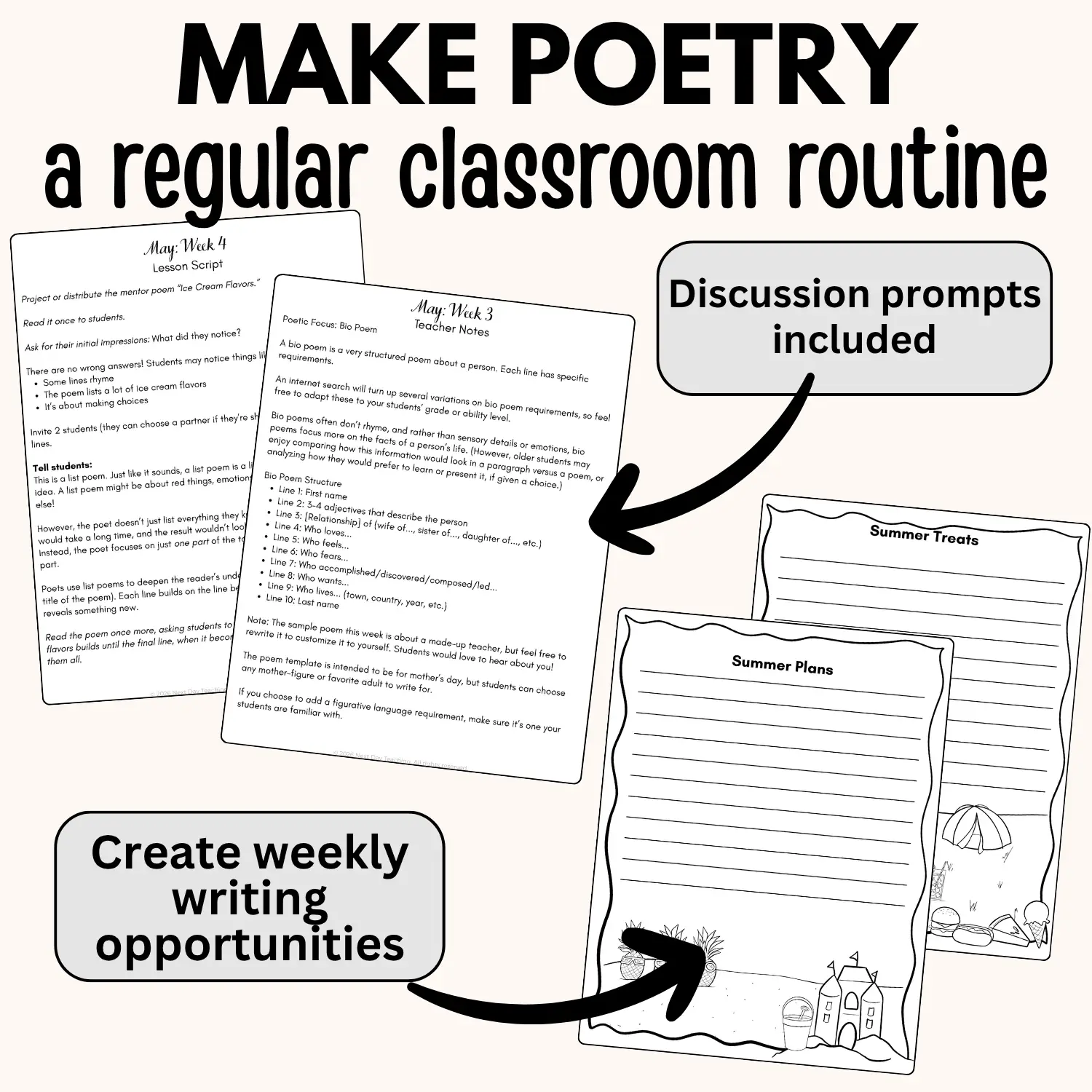 Several pages for teaching end of year poetry lessons including discussion prompts and weekly writing opportunities