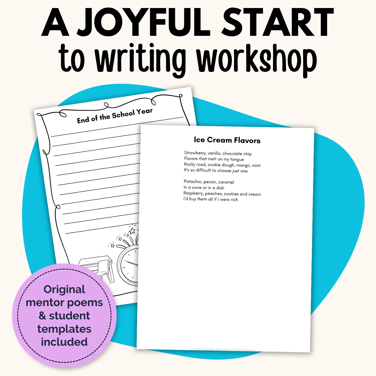 Sample pages from A Classful of Poets volume 4 including an original mentor poem and a student writing template