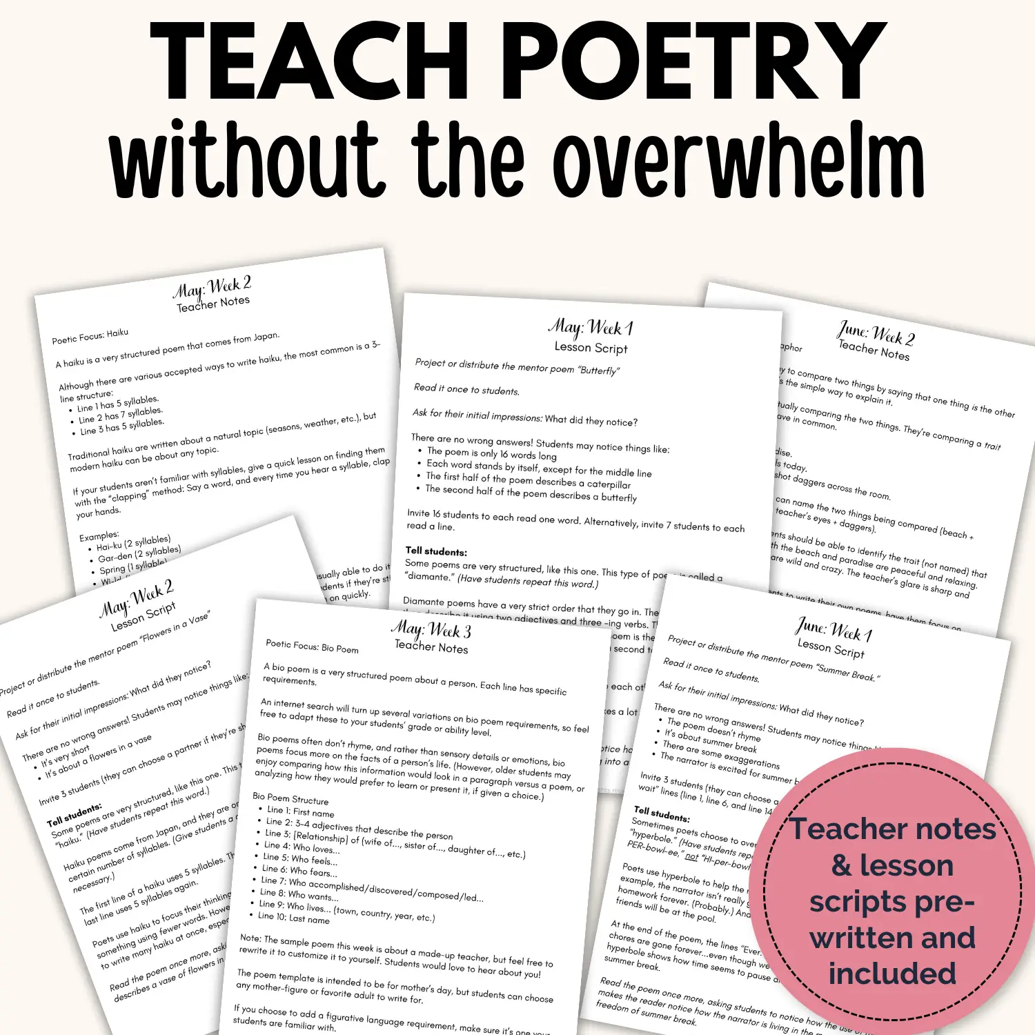 A spread of pages for teaching end of year poetry lessons including teacher notes and lesson scripts